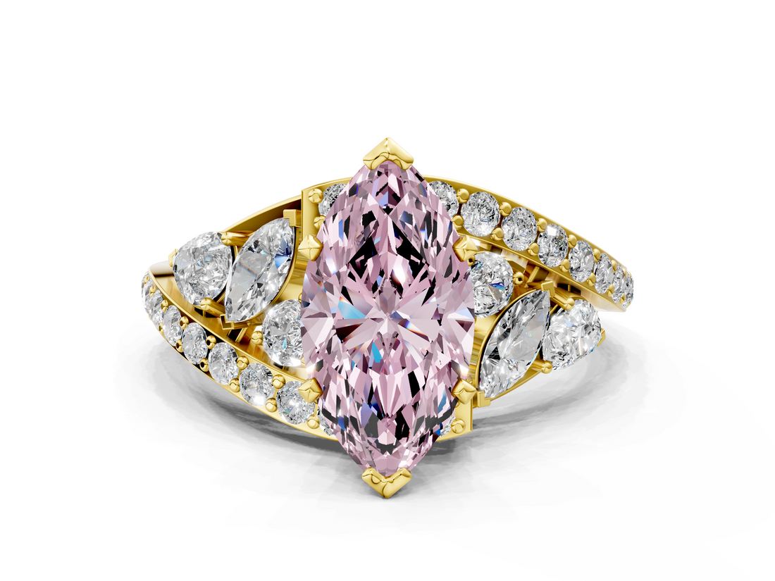 Yellow gold Fancy Pink Marquise  Diamond Halo Ring with Marquise and Pavé Band in Prong Setting_73