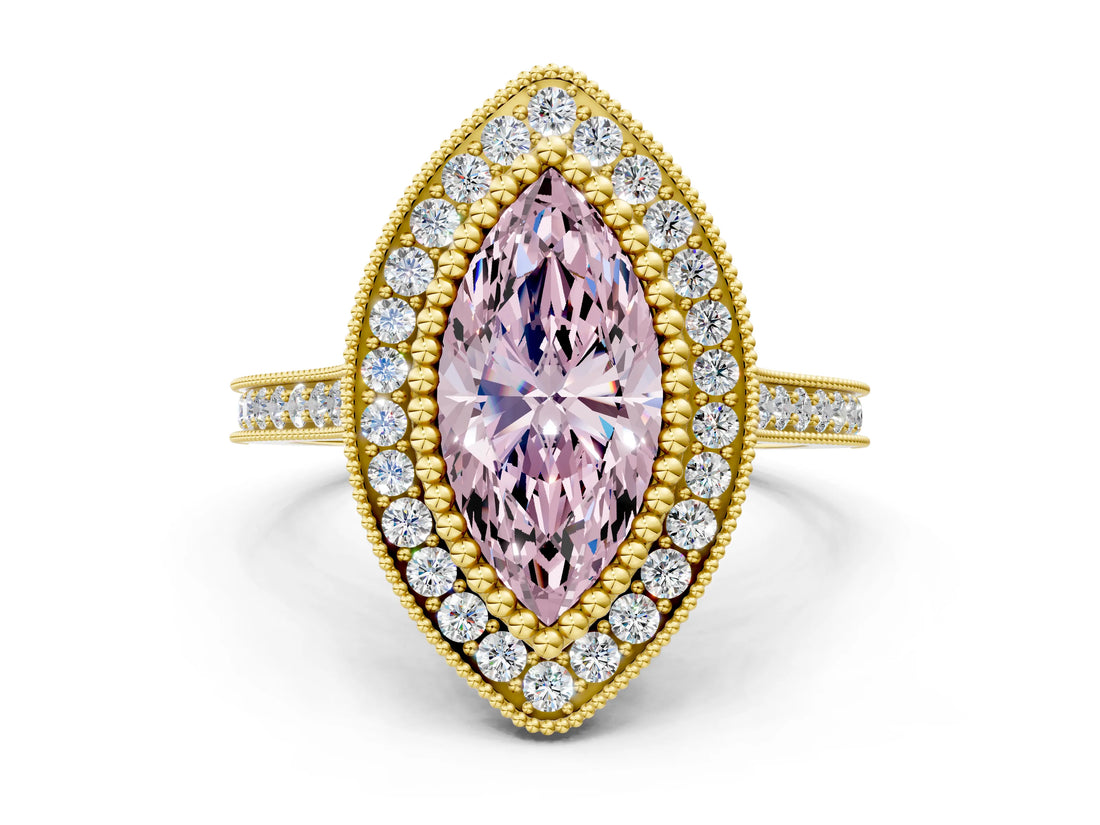 Yellow gold Fancy Pink Marquise  Diamond Halo Ring with Milgrain Frame and Pavé Band_60
