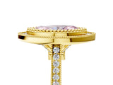 Yellow gold Fancy Pink Marquise  Diamond Halo Ring with Milgrain Frame and Pavé Band_65