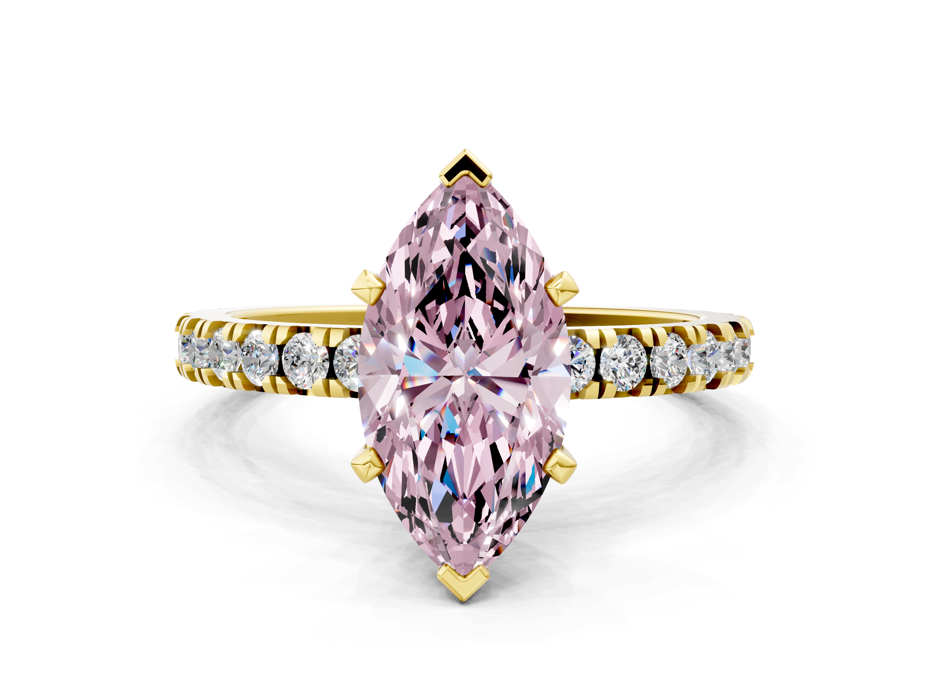 Yellow gold Fancy Pink Marquise  Diamond Pavé Band Solitaire with Four-Prong Setting_201