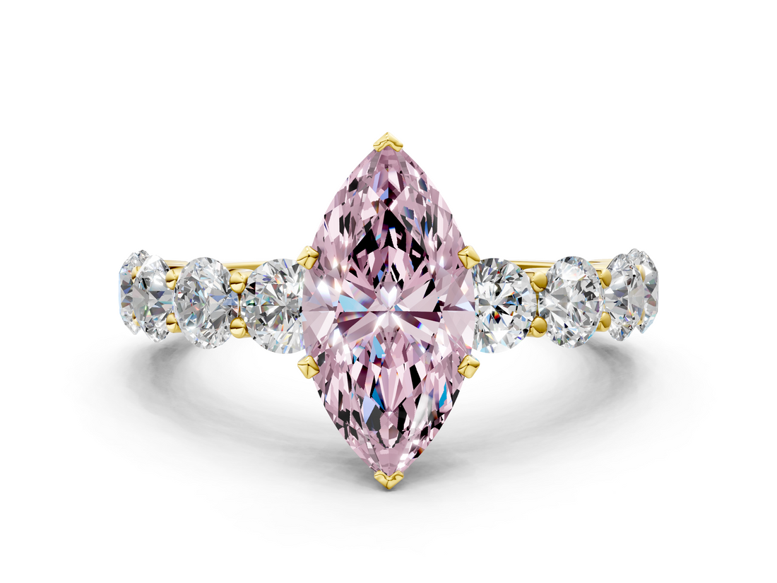 Yellow gold Fancy Pink Marquise  Diamond Prong Setting with Side Stones on a Pave Band_122