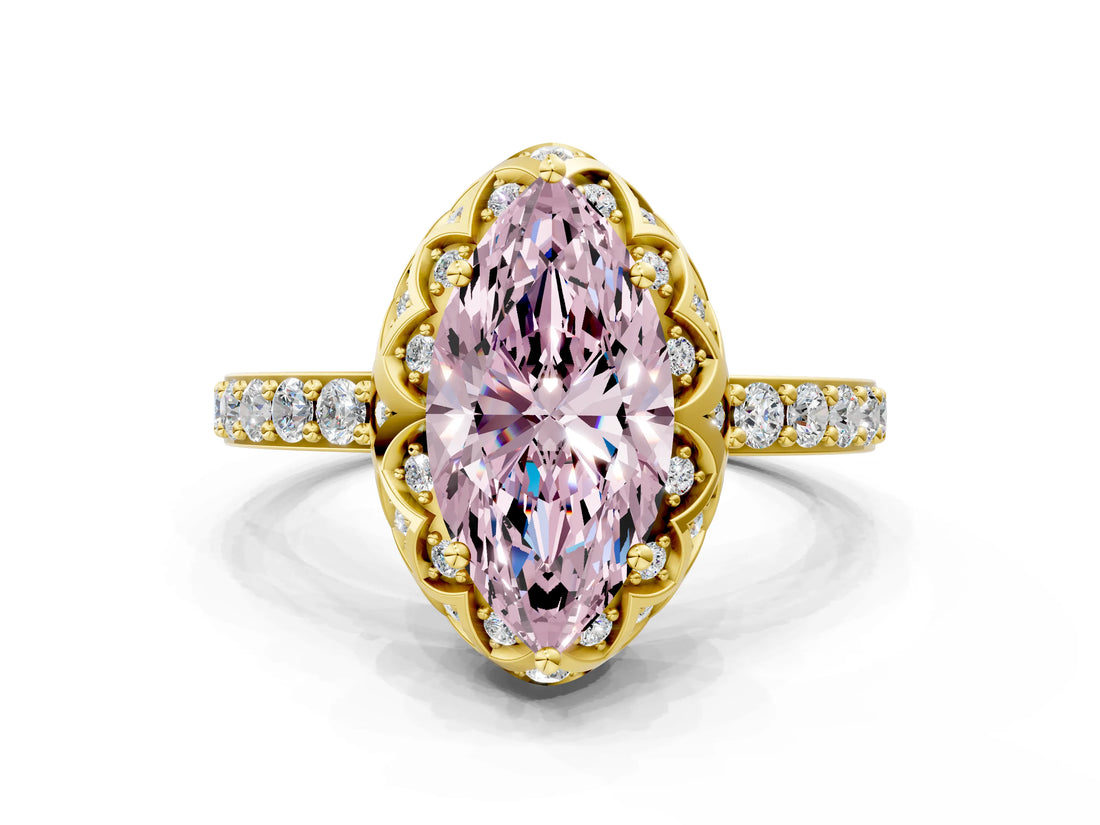 Yellow gold Fancy Pink Marquise  Diamond Solitaire Ring with Shared Prong Pavé Band_66
