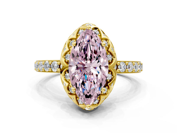 Yellow gold Fancy Pink Marquise  Diamond Solitaire Ring with Shared Prong Pavé Band