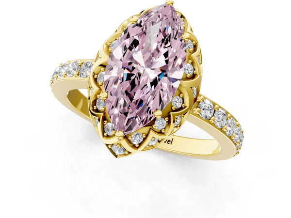 Yellow gold Fancy Pink Marquise  Diamond Solitaire Ring with Shared Prong Pavé Band