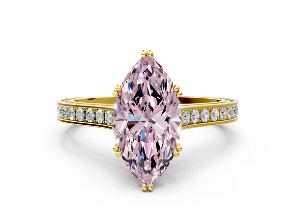 Yellow gold Fancy Pink Marquise  Diamond Solitaire with Pave Band and Six-Prong Setting