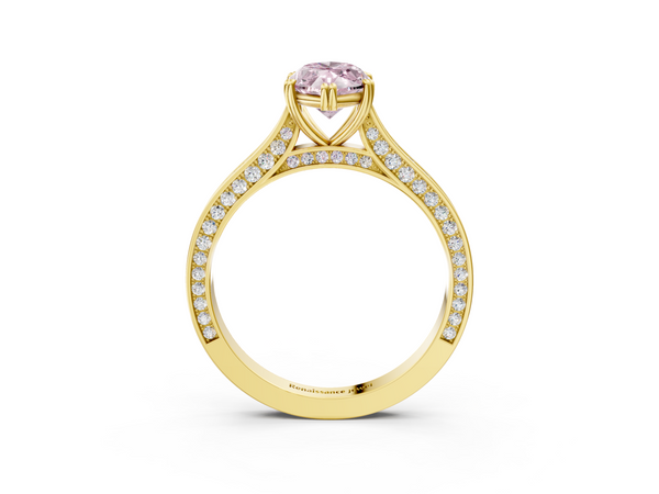Yellow gold Fancy Pink Marquise  Diamond Solitaire with Pave Band and Six-Prong Setting