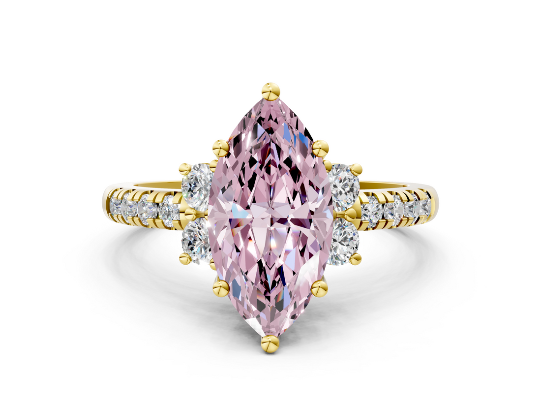 Yellow gold Fancy Pink Marquise  Diamond Three-Stone Pave Band with Four-Prong Setting_19