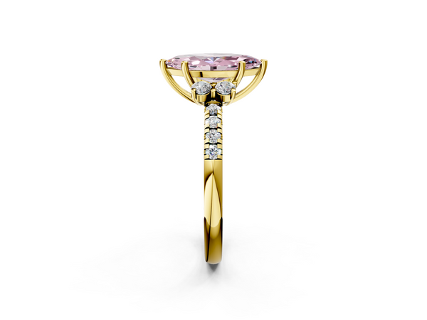 Yellow gold Fancy Pink Marquise  Diamond Three-Stone Pave Band with Four-Prong Setting