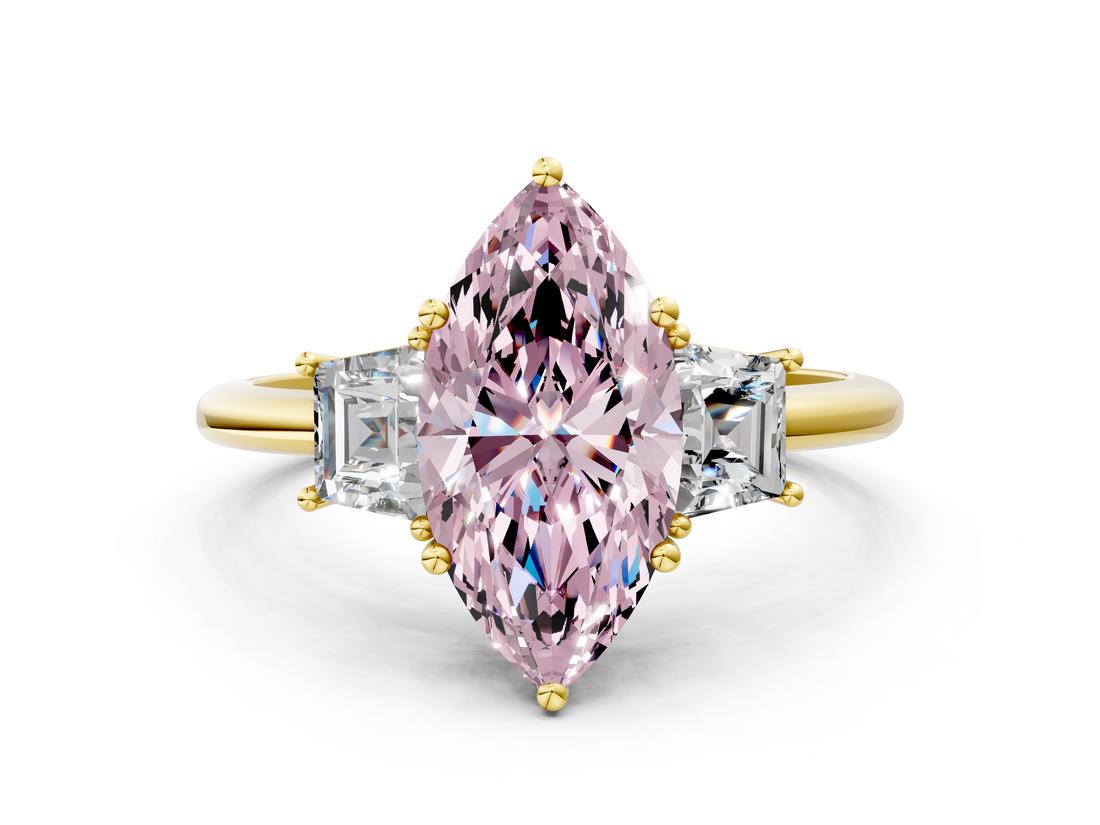 Yellow gold Fancy Pink Marquise  Diamond Three-Stone Ring with Trapezoid Side Stones and Prong Setting_17