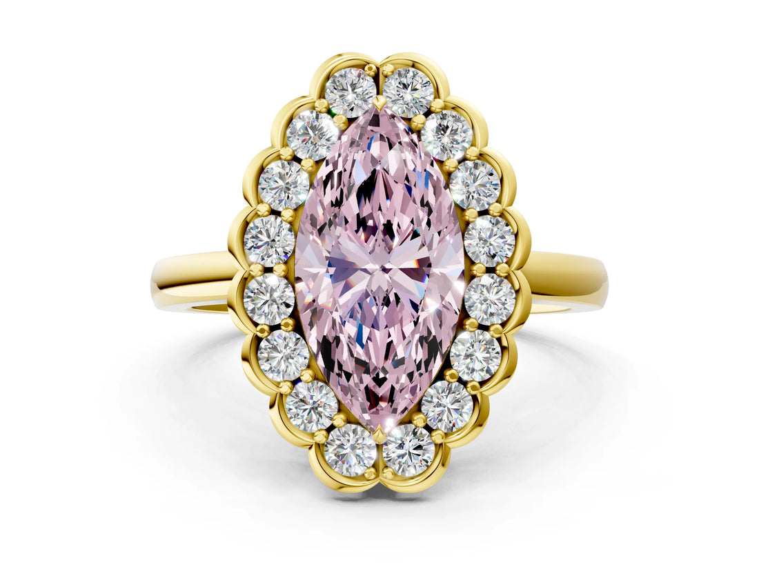 Yellow gold Fancy Pink Marquise  Halo Cluster Diamond Engagement Ring with Solitaire Band and Prong Setting_49