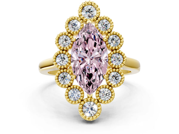 Yellow gold Fancy Pink Marquise  Halo Diamond Cluster Engagement Ring with Milgrain Bezel Setting and Solitaire Band