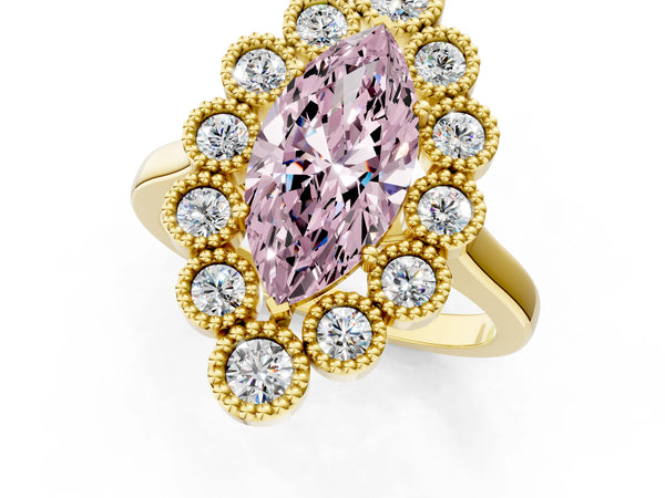 Yellow gold Fancy Pink Marquise  Halo Diamond Cluster Engagement Ring with Milgrain Bezel Setting and Solitaire Band