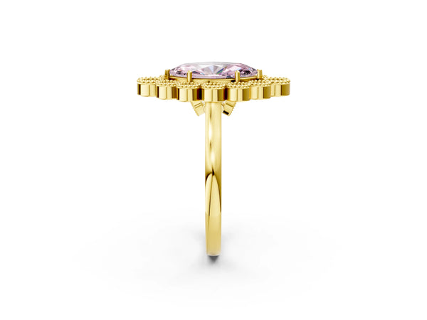 Yellow gold Fancy Pink Marquise  Halo Diamond Cluster Engagement Ring with Milgrain Bezel Setting and Solitaire Band