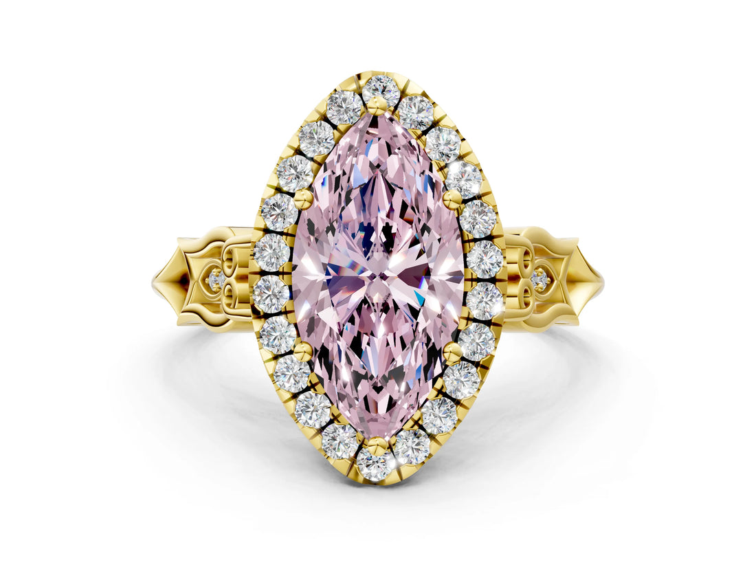 Yellow gold Fancy Pink Marquise  Halo Diamond Engagement Ring with Filigree Band and Four-Prong Setting_81