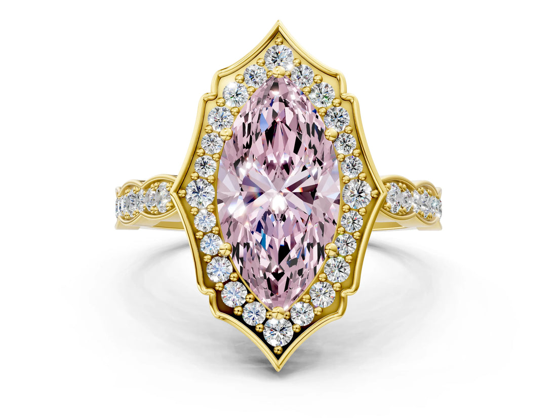 Yellow gold Fancy Pink Marquise  Halo Diamond Engagement Ring with Milgrain Band and Four-Prong Setting_54