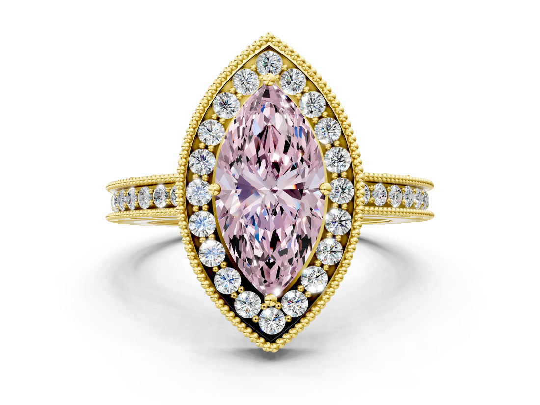 Yellow gold Fancy Pink Marquise  Halo Diamond Engagement Ring with Milgrain Pave Band and Four-Prong Setting_12