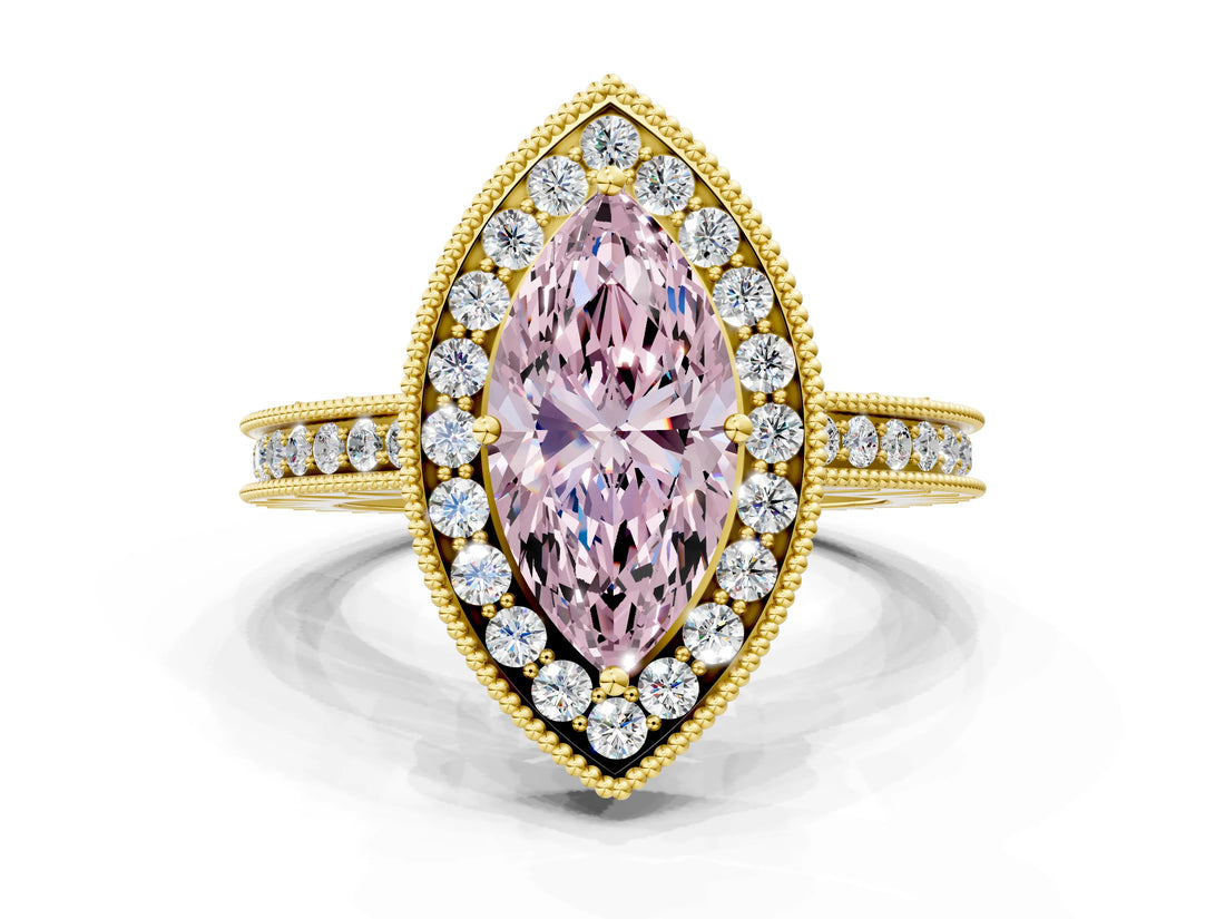 Yellow gold Fancy Pink Marquise  Halo Diamond Engagement Ring with Milgrain Pave Band and Four-Prong Setting_135