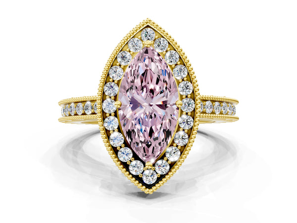 Yellow gold Fancy Pink Marquise  Halo Diamond Engagement Ring with Milgrain Pave Band and Four-Prong Setting