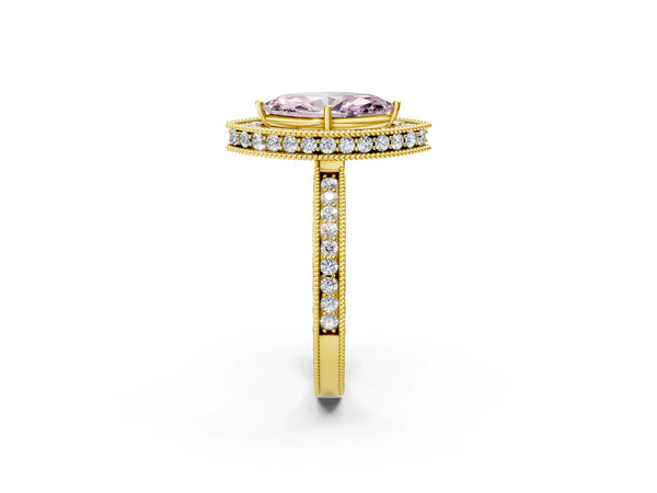 Yellow gold Fancy Pink Marquise  Halo Diamond Engagement Ring with Milgrain Pave Band and Four-Prong Setting