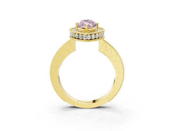 Yellow gold Fancy Pink Marquise  Halo Diamond Engagement Ring with Milgrain Pave Band and Four-Prong Setting