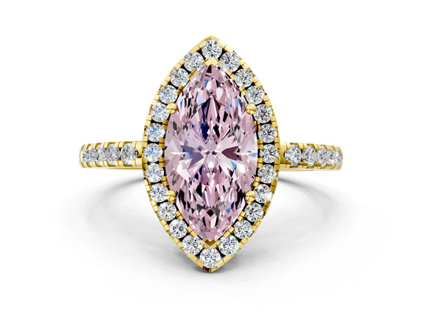 Yellow gold Fancy Pink Marquise  Halo Diamond Engagement Ring with Pavé Band and Four-Prong Setting