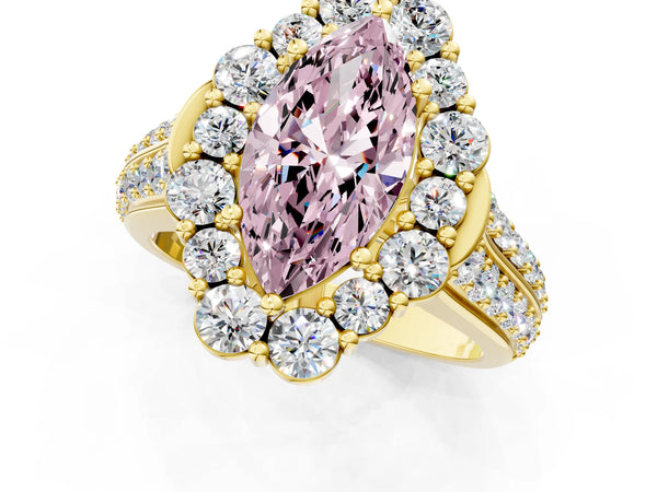 Yellow gold Fancy Pink Marquise  Halo Diamond Engagement Ring with Split Shank and Prong Setting