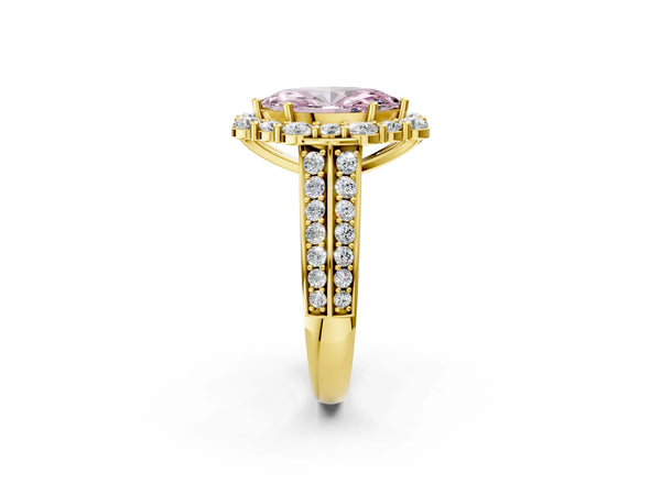 Yellow gold Fancy Pink Marquise  Halo Diamond Engagement Ring with Split Shank and Prong Setting