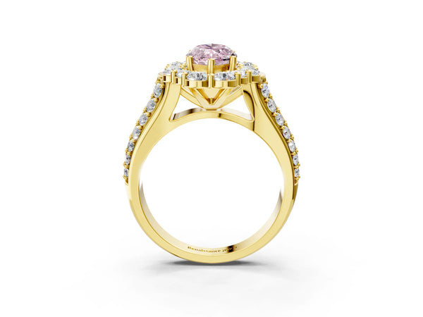 Yellow gold Fancy Pink Marquise  Halo Diamond Engagement Ring with Split Shank and Prong Setting