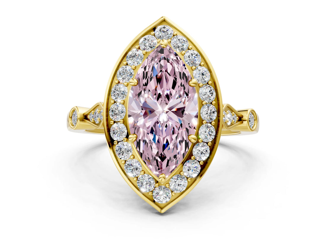 Yellow gold Fancy Pink Marquise  Halo Diamond Engagement Ring with Twisted Band and Four-Prong Setting