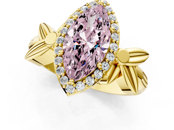Yellow gold Fancy Pink Marquise  Halo Diamond Floral Band with Four-Prong Setting
