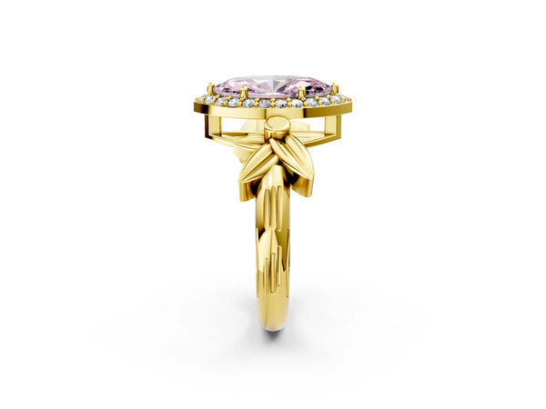 Yellow gold Fancy Pink Marquise  Halo Diamond Floral Band with Four-Prong Setting