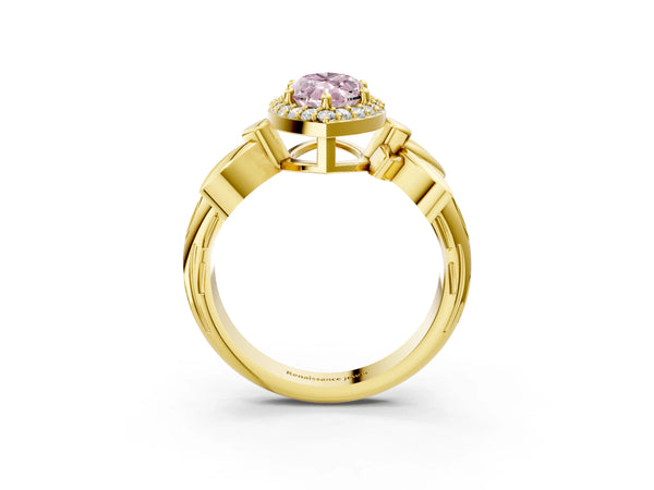 Yellow gold Fancy Pink Marquise  Halo Diamond Floral Band with Four-Prong Setting