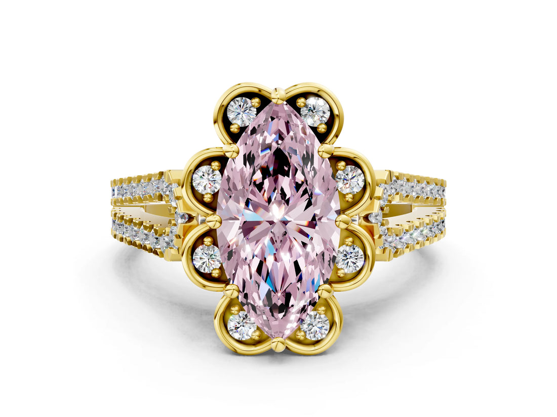 Yellow gold Fancy Pink Marquise  Halo Diamond Floral Split Shank Engagement Ring 1