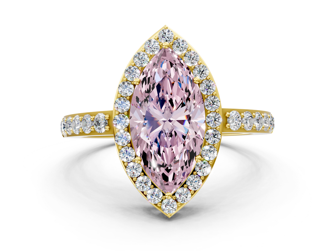 Yellow gold Fancy Pink Marquise  Halo Diamond Pavé Band Ring with Prong Setting_20