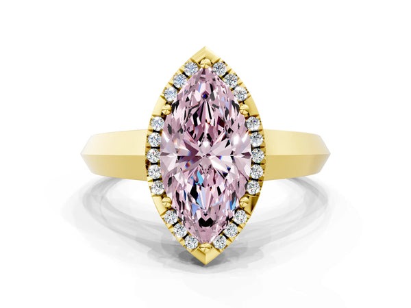 Yellow gold Fancy Pink Marquise  Halo Diamond Ring with Cathedral Band and Four-Prong Setting