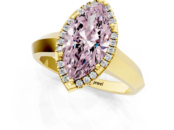 Yellow gold Fancy Pink Marquise  Halo Diamond Ring with Cathedral Band and Four-Prong Setting