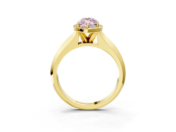 Yellow gold Fancy Pink Marquise  Halo Diamond Ring with Cathedral Band and Four-Prong Setting
