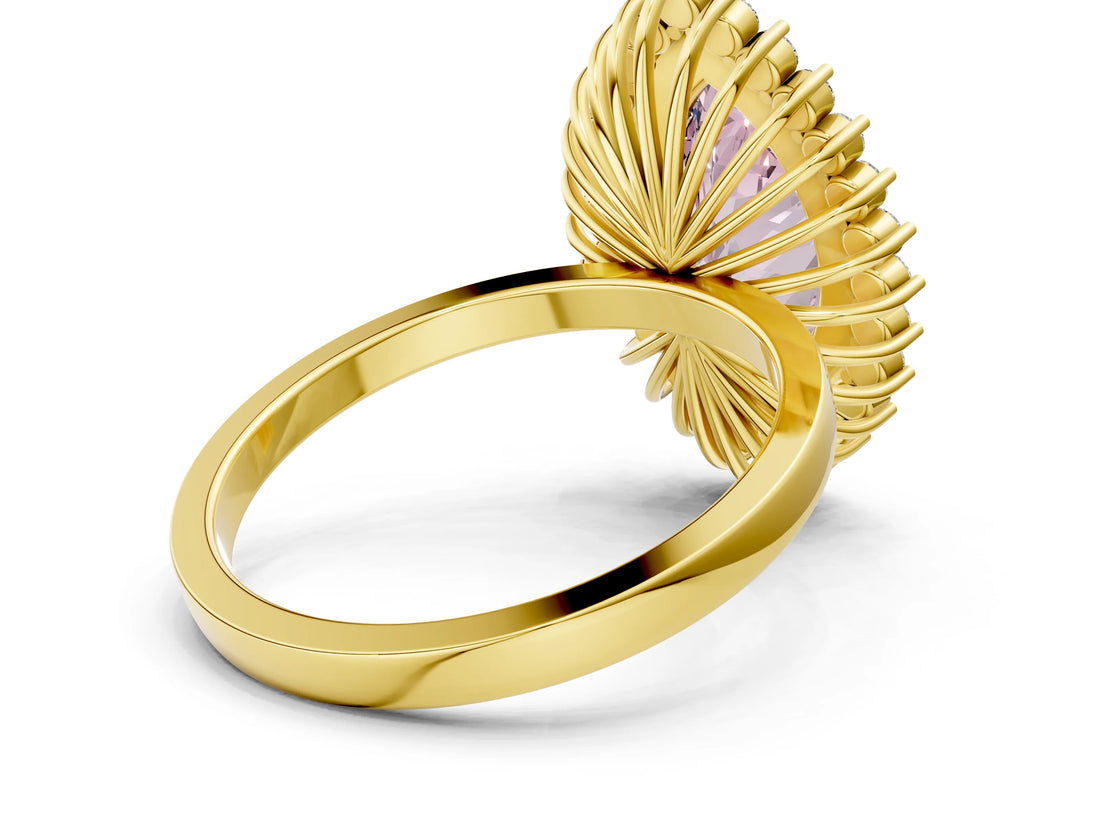 Yellow gold Fancy Pink Marquise  Halo Diamond Ring with Milgrain Edge and Round Prong Setting_90
