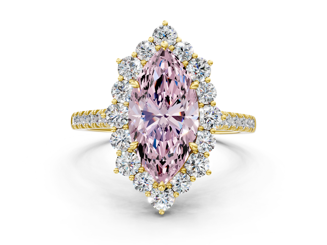 Yellow gold Fancy Pink Marquise  Halo Diamond Ring with Pavé Band and Prong Setting_37