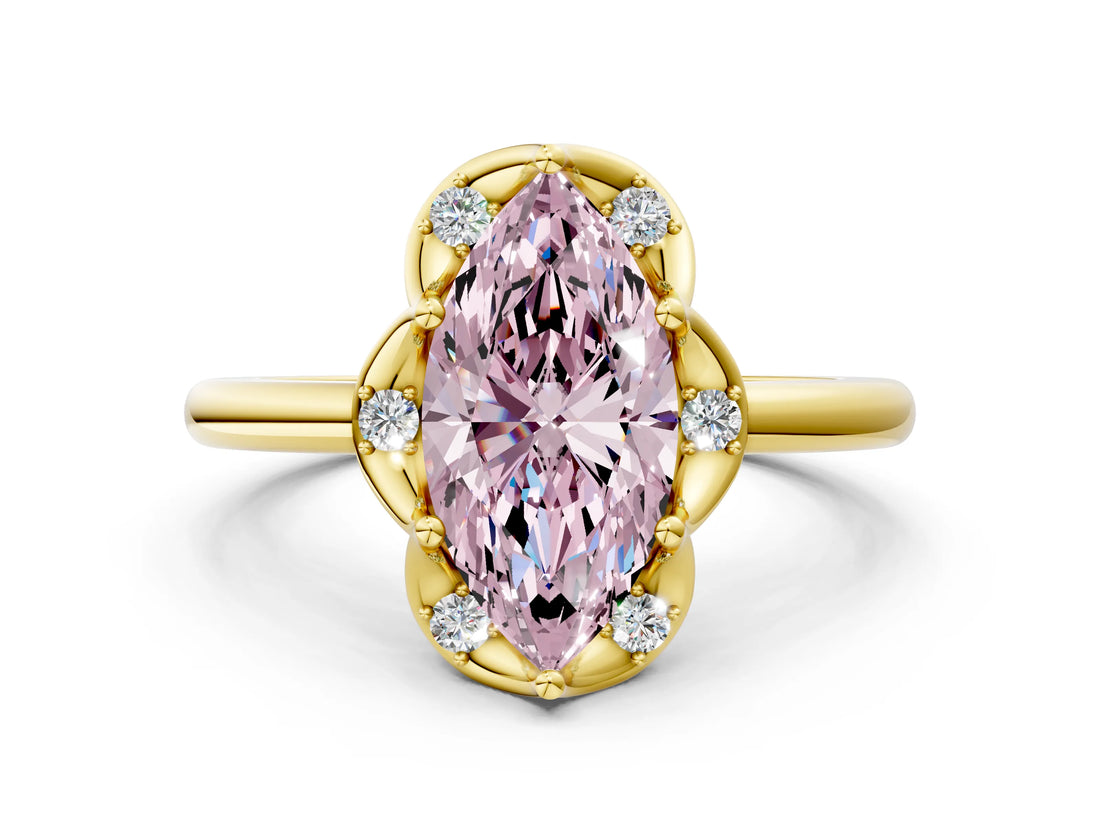 Yellow gold Fancy Pink Marquise  Halo Diamond Ring with Round Cluster Setting, Solitaire Band, and Four-Prong Setting_49
