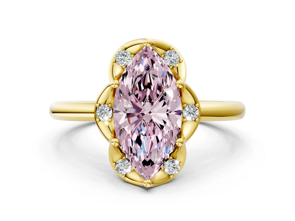 Yellow gold Fancy Pink Marquise  Halo Diamond Ring with Round Cluster Setting, Solitaire Band, and Four-Prong Setting