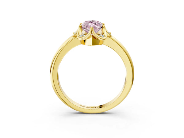 Yellow gold Fancy Pink Marquise  Halo Diamond Ring with Round Cluster Setting, Solitaire Band, and Four-Prong Setting