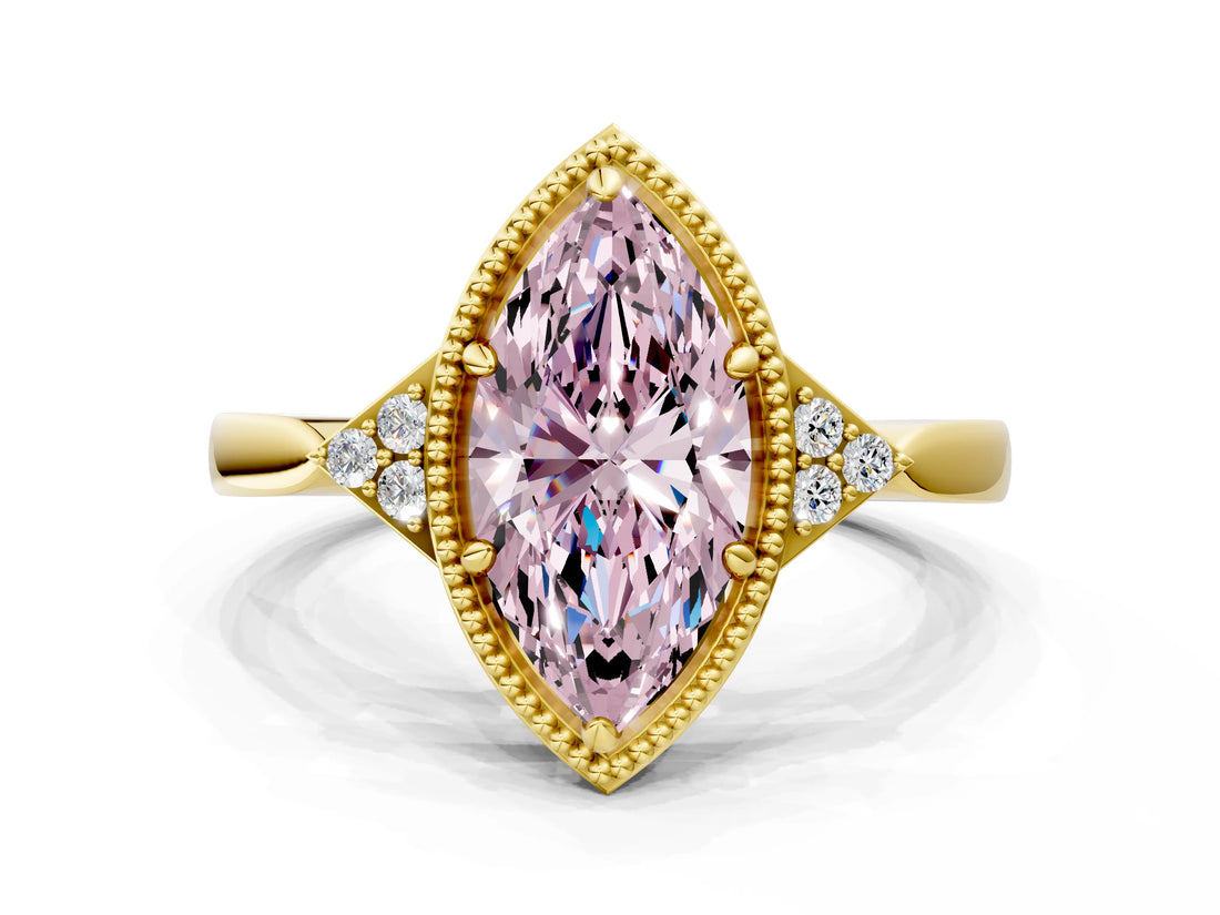 Yellow gold Fancy Pink Marquise  Halo Diamond Ring with Tapered Band and Four-Prong Setting_7