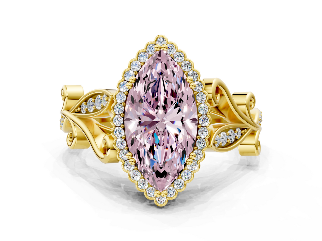 Yellow gold Fancy Pink Marquise  Halo Diamond Ring with Vintage Split Shank and Four-Prong Setting_20