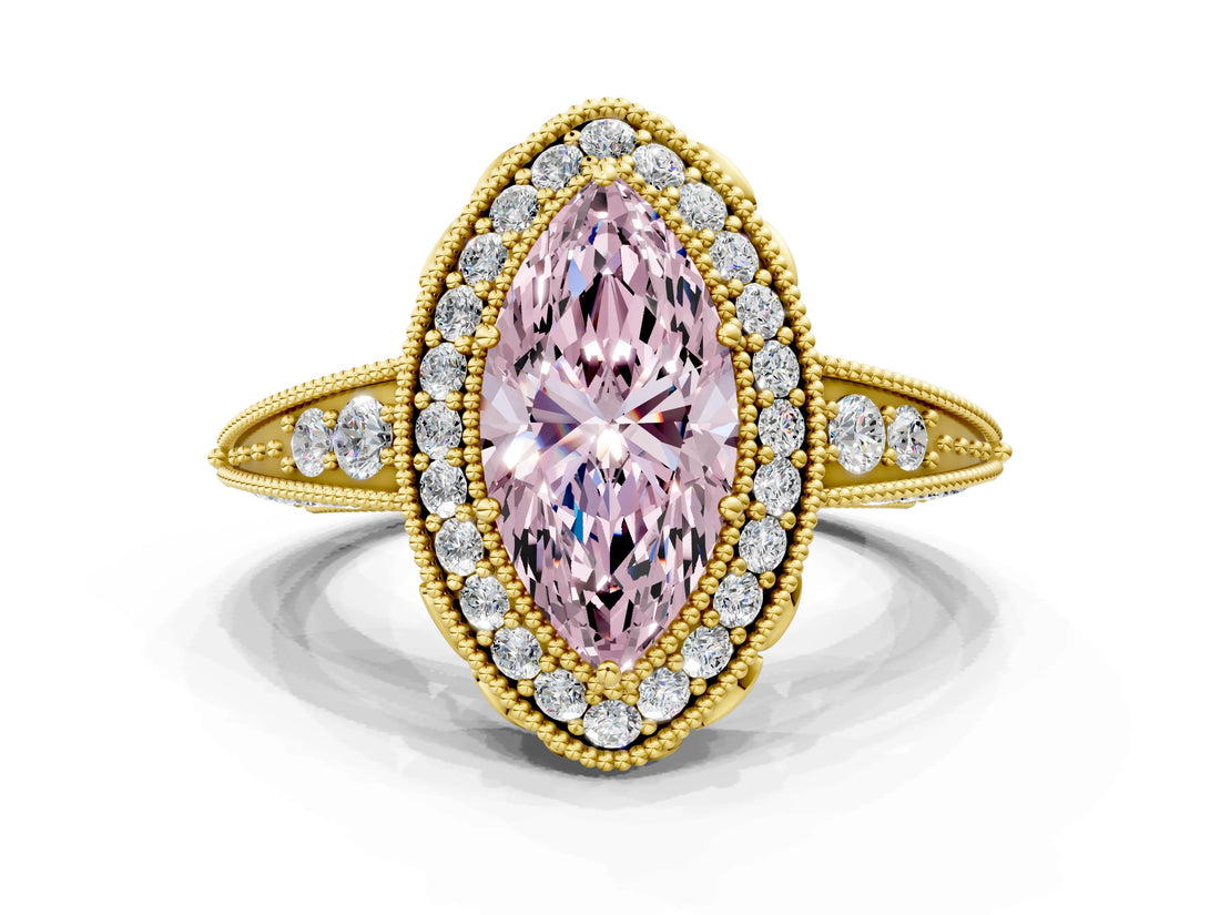 Yellow gold Fancy Pink Marquise  Halo Diamond Split Shank Ring with Milgrain Detail_50