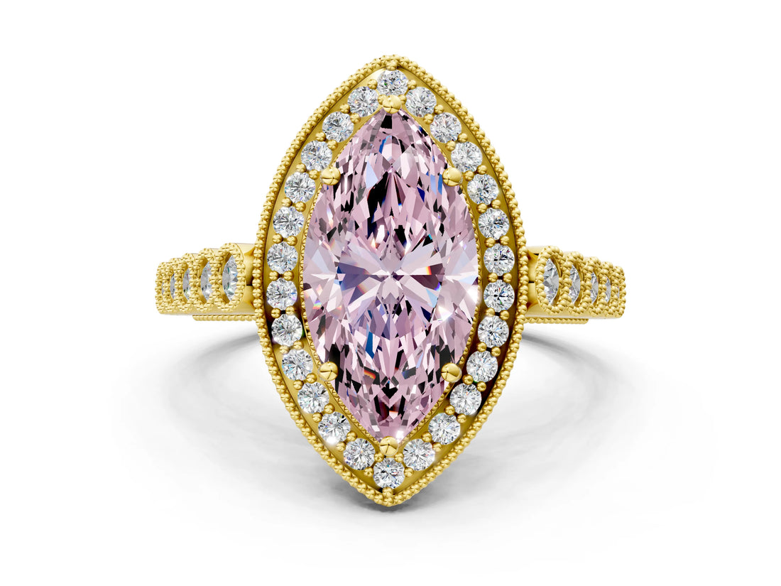 Yellow gold Fancy Pink Marquise  Halo Milgrain Solitaire with Bezel Set Side Stones and Pave Band_49