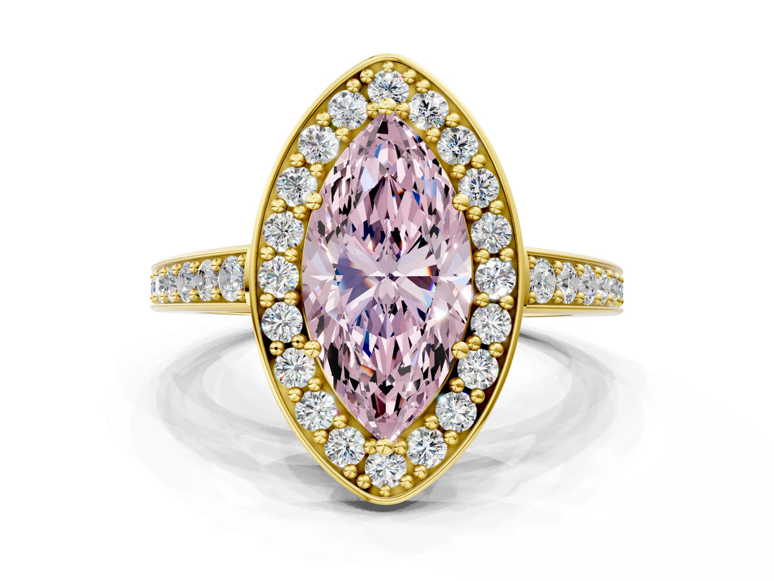 Yellow gold Fancy Pink Marquise  Halo Pavé Diamond Engagement Ring with Bezel Setting_37