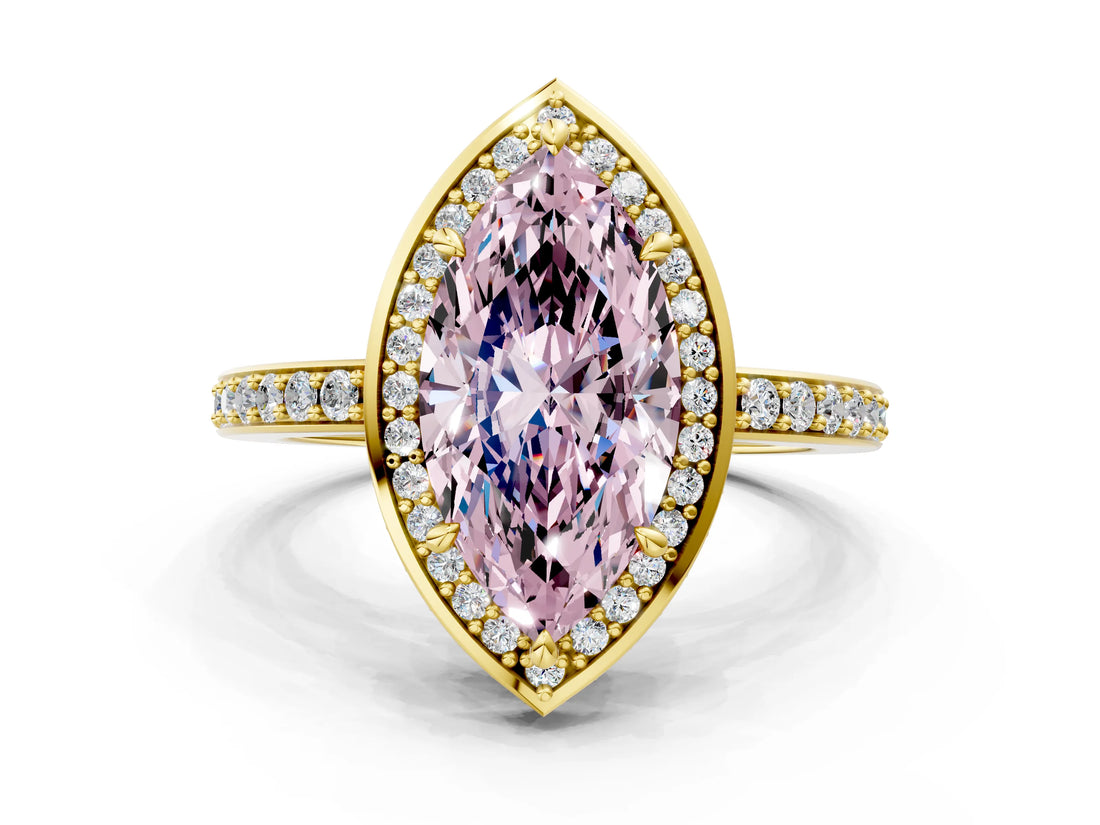 Yellow gold Fancy Pink Marquise  Halo Pave Band Solitaire Ring with Prong Setting_65
