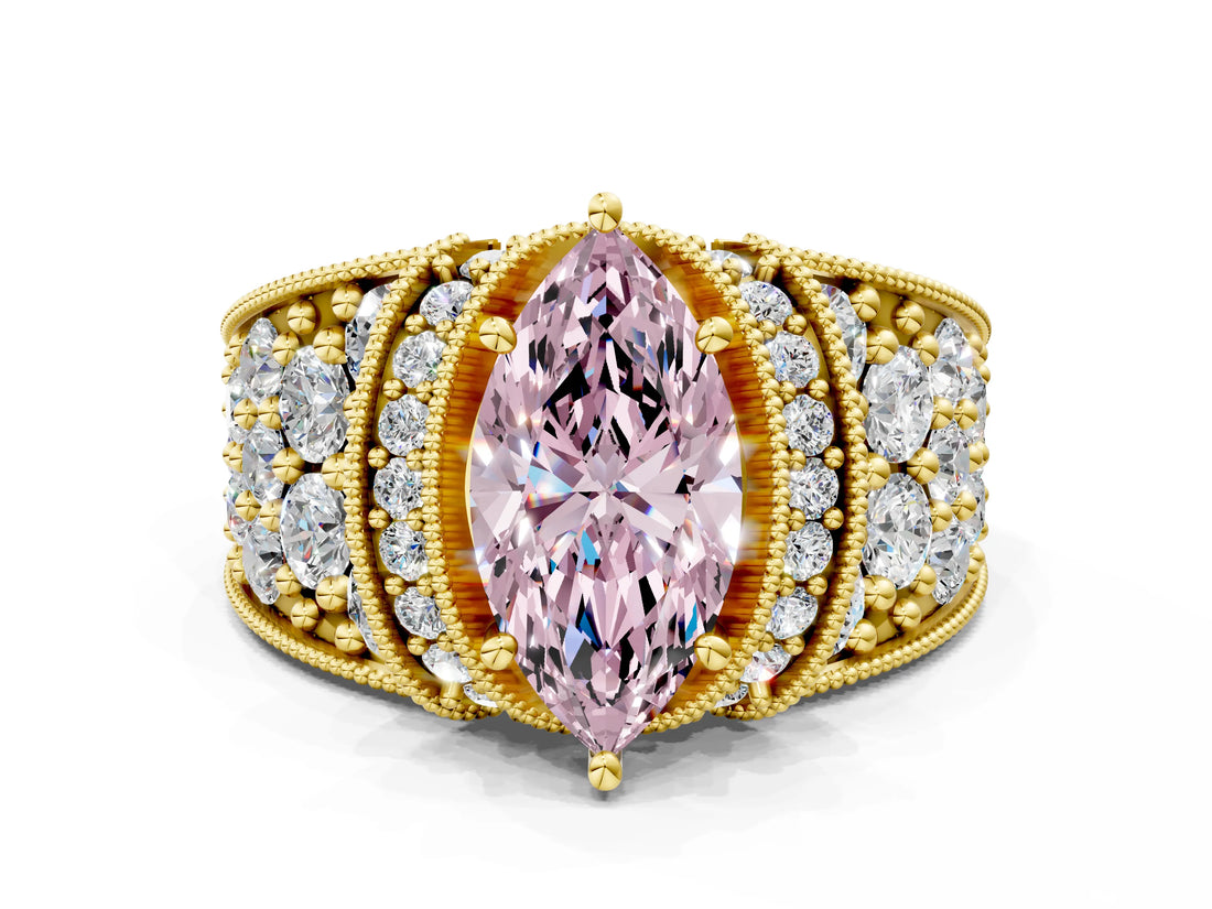 Yellow gold Fancy Pink Marquise  Halo Pave Diamond Engagement Ring with Milgrain Detailing_49