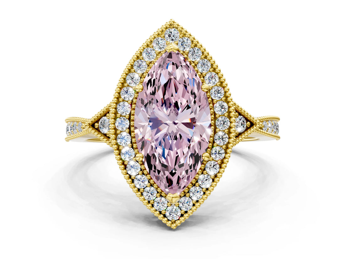 Yellow gold Fancy Pink Marquise  Halo Round Diamond Milgrain Pave Engagement Ring_3